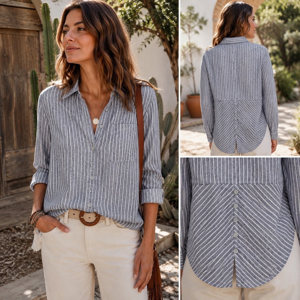 Lucky Brand Striped Button Up Shirt Medium Blue White Relaxed Cotton Blend Top